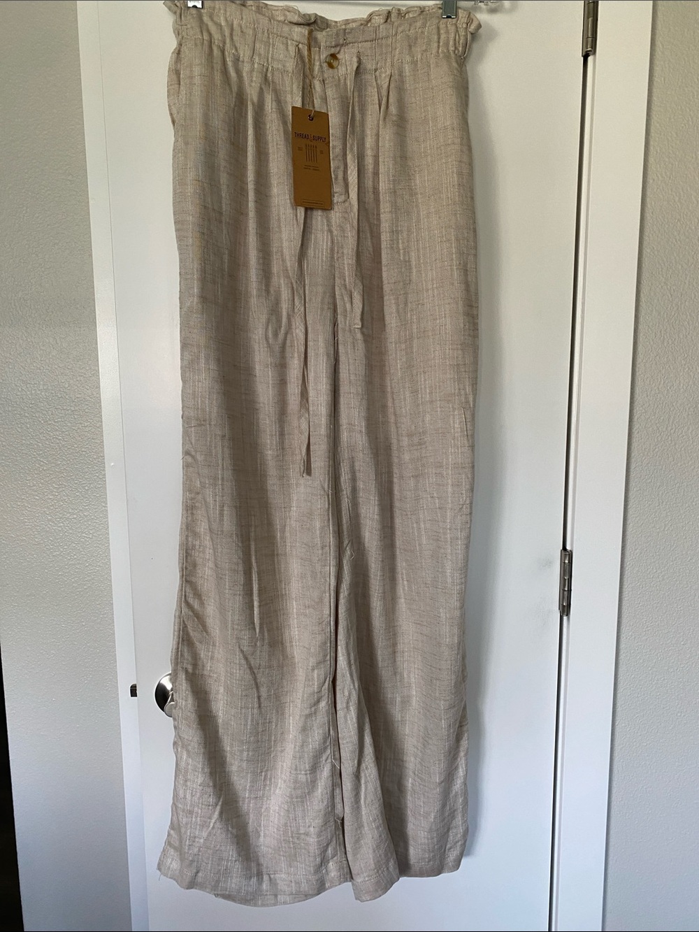 NWT Soft Linen Rayon Blend Flowy Drawstring High Waist Wide Straight Leg  M